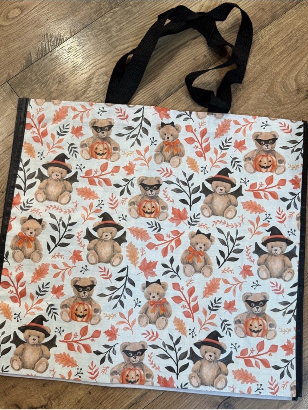 HalloweenTeddy Bear Print Costumes Tote with Orange, Cream & Black Handles Fall
